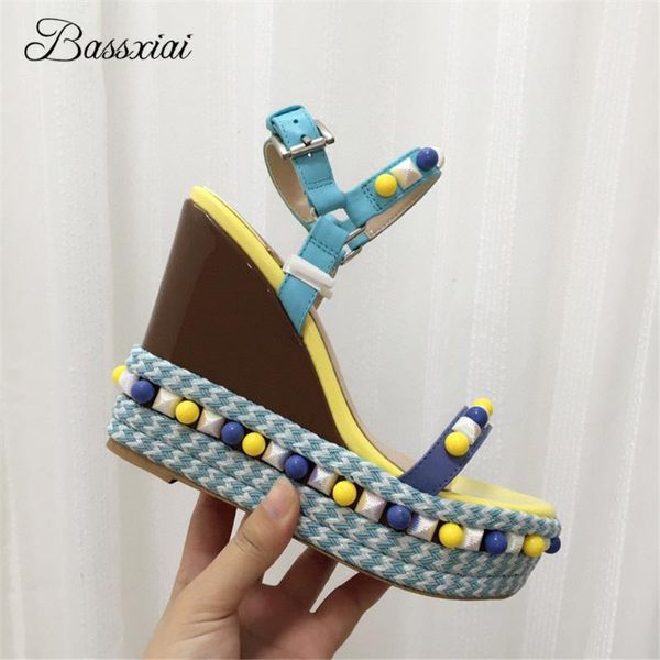 string bead rivet decor wedges sandals women high platform ankle strap weave knitted real leather summer shoes, Black
string bead rivet decor wedges sandals women high platform ankle strap weave knitted real leather summer shoes, Black