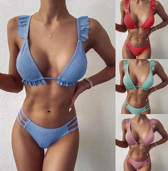 women's swimwear low waist bikini 2021 ruffle shiny triangle female swimsuit women solid 2 piece suit push up bathing swim, White;black
women's swimwear low waist bikini 2021 ruffle shiny triangle female swimsuit women solid 2 piece suit push up bathing swim, White;black