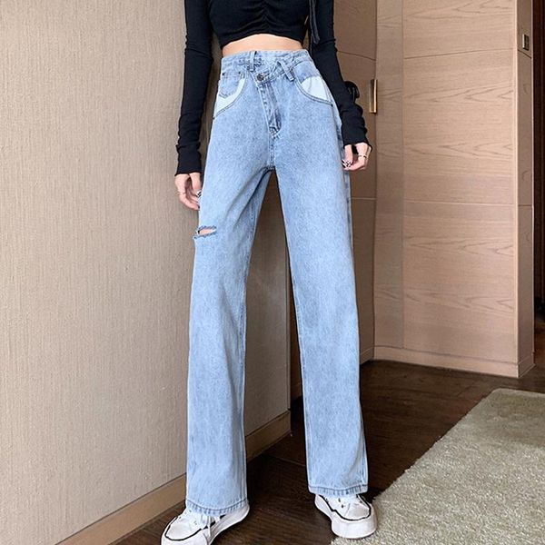 women's jeans asymmetry vintage denim pants sungtin high waist ripped wide leg women loose hole straight trousers streetwear korea, Blue
women's jeans asymmetry vintage denim pants sungtin high waist ripped wide leg women loose hole straight trousers streetwear korea, Blue