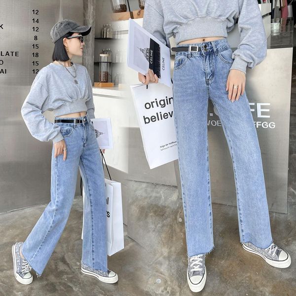 high waist fashion women's brim pants 2021 spring new false wild belt legged breeches straight tnx2, Blue
high waist fashion women's brim pants 2021 spring new false wild belt legged breeches straight tnx2, Blue
