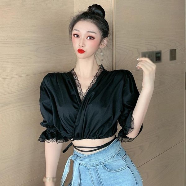 women's blouses & shirts summer lace v-neck slim wommen casual puff sleeve exposed navel short shirt, White
women's blouses & shirts summer lace v-neck slim wommen casual puff sleeve exposed navel short shirt, White