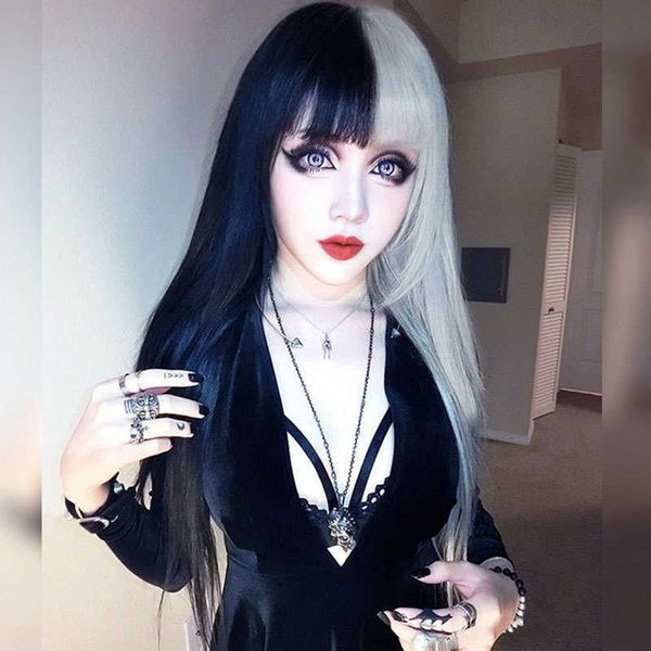 wig women's long straight hair with black and white bangs