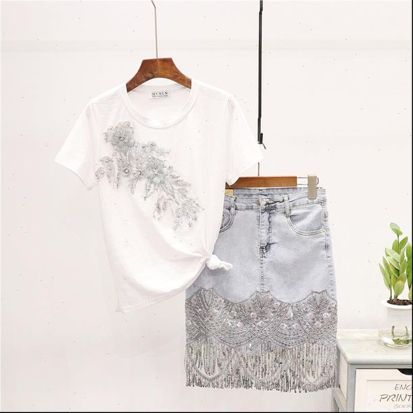 summer new fashion beading embroidery t shirt sequins tassel denim skirt women loose white tee short jeans skirt suit female, Gray
summer new fashion beading embroidery t shirt sequins tassel denim skirt women loose white tee short jeans skirt suit female, Gray