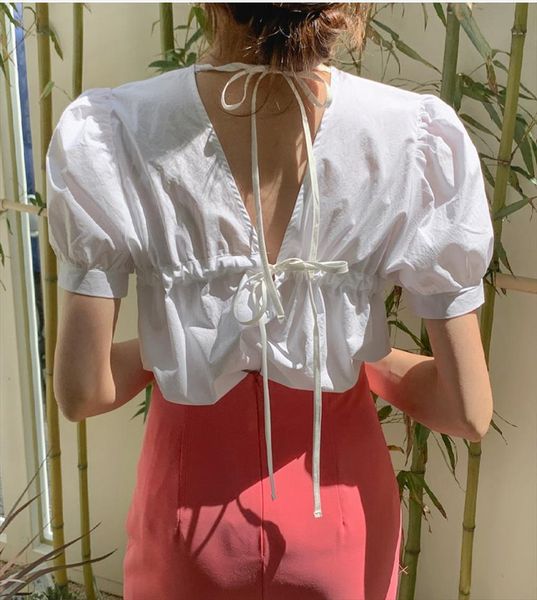 korean style open back drawstring women blouses lace up foam sleeve high waist all over skirt, White
korean style open back drawstring women blouses lace up foam sleeve high waist all over skirt, White