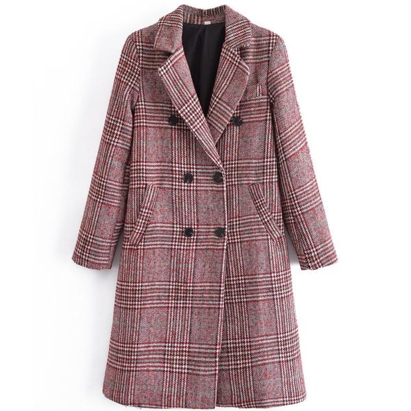 women's wool & blends women vintage woolen coat female red plaid chic long sleeve double breasted outwear turndown collar jackets lady, Black 
women's wool & blends women vintage woolen coat female red plaid chic long sleeve double breasted outwear turndown collar jackets lady, Black