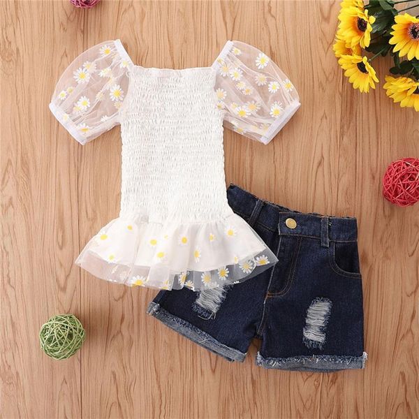 clothing sets toddler kids girls casual fashion 2pcs clothes set mesh daisy printed short sleeve pleated denim ripped shorts with pocke, White
clothing sets toddler kids girls casual fashion 2pcs clothes set mesh daisy printed short sleeve pleated denim ripped shorts with pocke, White