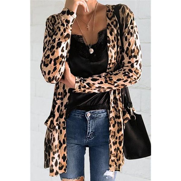 women's trench coats leopard print open front jacket cardigan blazer suit coat ol slim casual long sleeve feminino blusa outwear, Tan;black