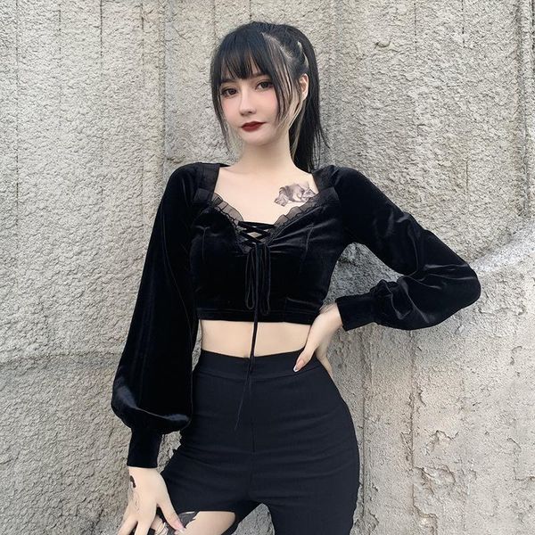 women's t-shirt vintage lace black goth bandage puff sleeve velvet t shirt harajuku aesthetic women hollow out cropped, White
women's t-shirt vintage lace black goth bandage puff sleeve velvet t shirt harajuku aesthetic women hollow out cropped, White