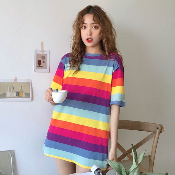 korean 2021 new krpop striped raiow t-shirts will see long loose the-neck short ulzzang women's clothing tsup, White
korean 2021 new krpop striped raiow t-shirts will see long loose the-neck short ulzzang women's clothing tsup, White