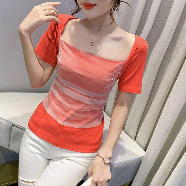 women's t-shirt 2021 summer t-shirts girls sheath chic patched mesh square collar short sleeve t shirts ladies solid tees women, White
women's t-shirt 2021 summer t-shirts girls sheath chic patched mesh square collar short sleeve t shirts ladies solid tees women, White