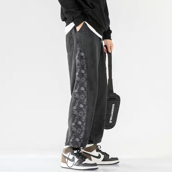 men's pants american printed jeans loose binding feet wide legs washed xl fat casual long cropped, Black
men's pants american printed jeans loose binding feet wide legs washed xl fat casual long cropped, Black