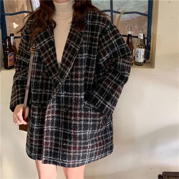 women's wool & blends coat 2021 winter small man thickened loose medium length plaid suit collar top, Black
women's wool & blends coat 2021 winter small man thickened loose medium length plaid suit collar top, Black