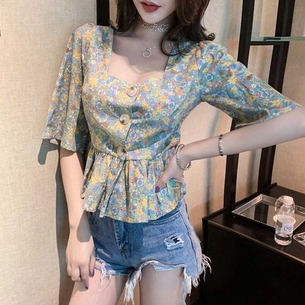 korean fashion temperament flowers square neck short sleeve ruffles women blouses slim waist single breasted chic 210526, White
korean fashion temperament flowers square neck short sleeve ruffles women blouses slim waist single breasted chic 210526, White