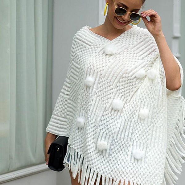 women tassels sweaters 2021 korean women winter furry soft loose casual tassel cape overcoat knitted sweater female a30823, White;black 
women tassels sweaters 2021 korean women winter furry soft loose casual tassel cape overcoat knitted sweater female a30823, White;black