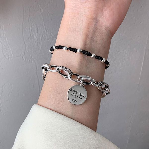 link, chain korean thick tassel pendant bracelet women retro vintage silver color round letter female jewelry, Black
link, chain korean thick tassel pendant bracelet women retro vintage silver color round letter female jewelry, Black