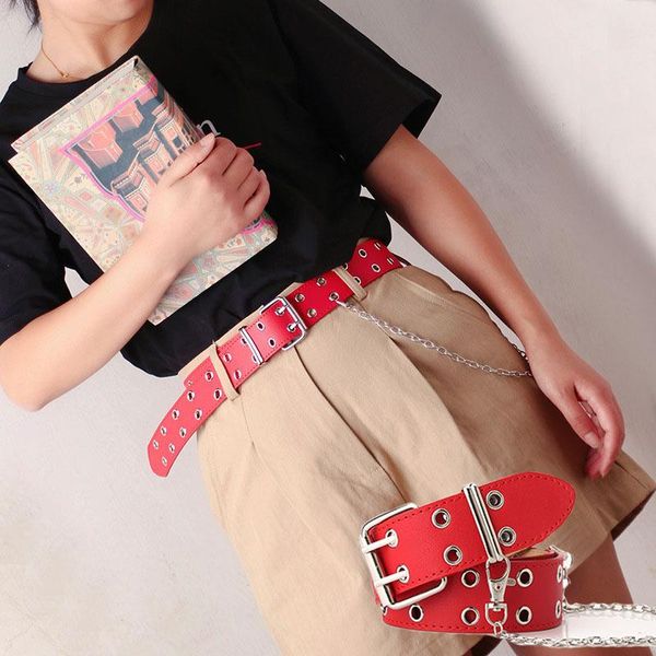 fashion punk belts for women double row hole pu leather with chain all-match jeans trousers red black ladies female waistband, Black;brown
fashion punk belts for women double row hole pu leather with chain all-match jeans trousers red black ladies female waistband, Black;brown