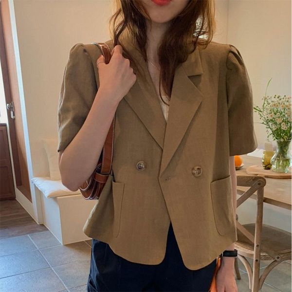 women's suits & blazers 2021 autumn women fashion puff sleeve blazer jacket short buttons pockets outerwear cotton and linen wild, White;black 
women's suits & blazers 2021 autumn women fashion puff sleeve blazer jacket short buttons pockets outerwear cotton and linen wild, White;black