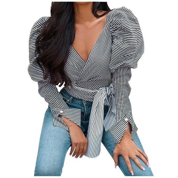 fashion new women v neck blouse lantern long sleeve blouse women pearl button bow bandage casual striped casual blouse, White
fashion new women v neck blouse lantern long sleeve blouse women pearl button bow bandage casual striped casual blouse, White