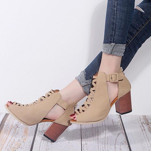 women designers peep toe shoes summer casual sandals women block heels high heels sandals feminina, Black