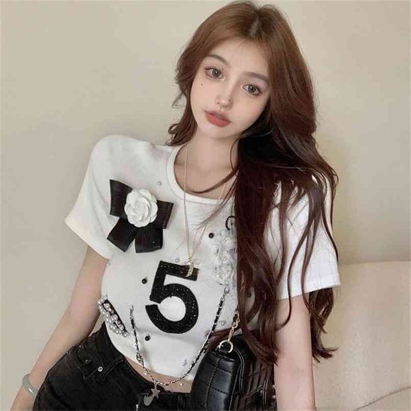 o neck short sleeve chain pearl three-dimensional flower tshirt summer loose retro graphic aesthetic harajuku tees 210708, White
o neck short sleeve chain pearl three-dimensional flower tshirt summer loose retro graphic aesthetic harajuku tees 210708, White
