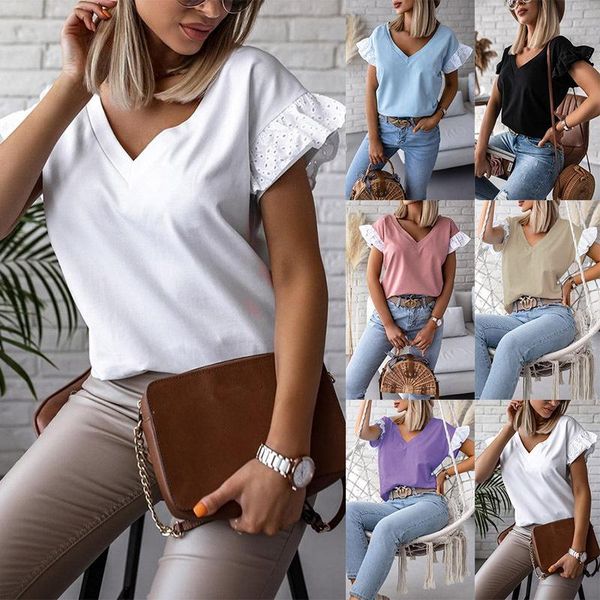 women's t-shirt women temperament all-match summer loose v-neck solid color ruffled short-sleeved clothes, White
women's t-shirt women temperament all-match summer loose v-neck solid color ruffled short-sleeved clothes, White