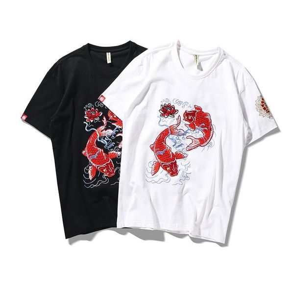 men's t-shirts chinese style fish embroided t shirt men short sleeve cotton fashion nice streetwear vogue male clothes, White;black
men's t-shirts chinese style fish embroided t shirt men short sleeve cotton fashion nice streetwear vogue male clothes, White;black