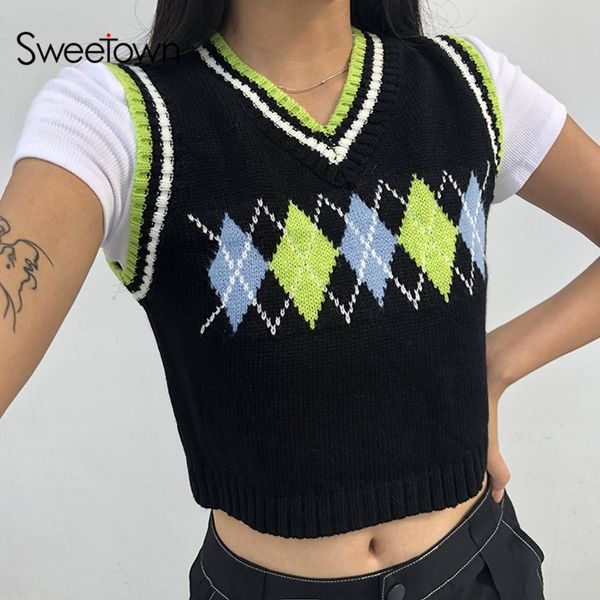 sweetown argyle plaid knitted tank female streetwear preppy style y2k clothes stripe vneck cropped knitwear 90s sweater vest 210308, Black
sweetown argyle plaid knitted tank female streetwear preppy style y2k clothes stripe vneck cropped knitwear 90s sweater vest 210308, Black