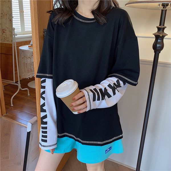 2021 fake two-piece female tide long-sleeved new autumn stitching letter printing loose all-match t-shirt khf1, White
2021 fake two-piece female tide long-sleeved new autumn stitching letter printing loose all-match t-shirt khf1, White