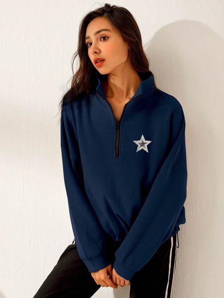 star patched drop shoulder half zip drawstring hem pullover 84hz#, White;black
star patched drop shoulder half zip drawstring hem pullover 84hz#, White;black