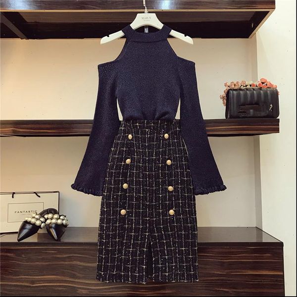 chic tweed skirt 2 piece set women fall winter ins fashion bare shoulders knit sweater button plaid split skirt set, Gray
chic tweed skirt 2 piece set women fall winter ins fashion bare shoulders knit sweater button plaid split skirt set, Gray