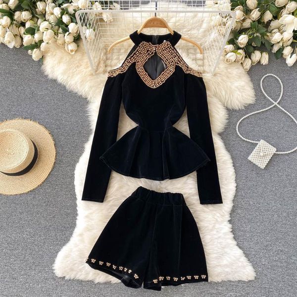 women's tracksuits velour two piece set women chic beaded hollow off shoulder long sleeve wide leg shorts autumn winter, Gray
women's tracksuits velour two piece set women chic beaded hollow off shoulder long sleeve wide leg shorts autumn winter, Gray