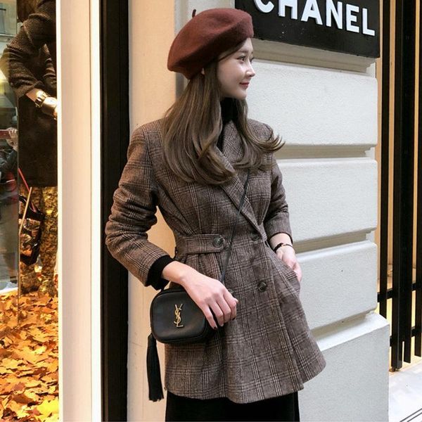women's wool & blends 2021 fall and winter retro coat waist thin version of korean loose plaid lady's, Black
women's wool & blends 2021 fall and winter retro coat waist thin version of korean loose plaid lady's, Black