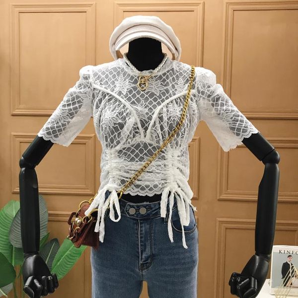 women's blouses & shirts lace shirt 2021 summer round neck drawstring lace-up embroidered blouse blusas mujer, White
women's blouses & shirts lace shirt 2021 summer round neck drawstring lace-up embroidered blouse blusas mujer, White