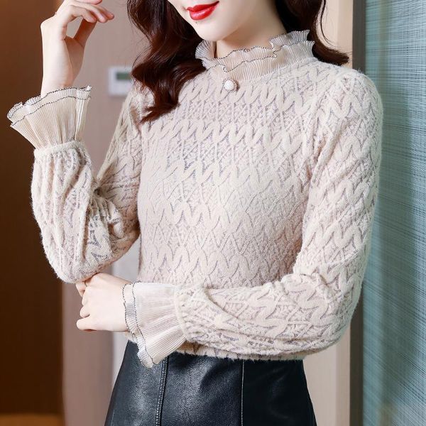 women's blouses & shirts 2021 fall fashion lace long sleeve ladies half high collar with wood ears buttons basic woman clothing, White
women's blouses & shirts 2021 fall fashion lace long sleeve ladies half high collar with wood ears buttons basic woman clothing, White