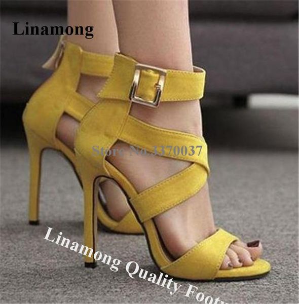 linamong elegant open toe suede leather stiletto heel gladiator sandals yellow straps cross metal buckle high heel sandals, Black
linamong elegant open toe suede leather stiletto heel gladiator sandals yellow straps cross metal buckle high heel sandals, Black