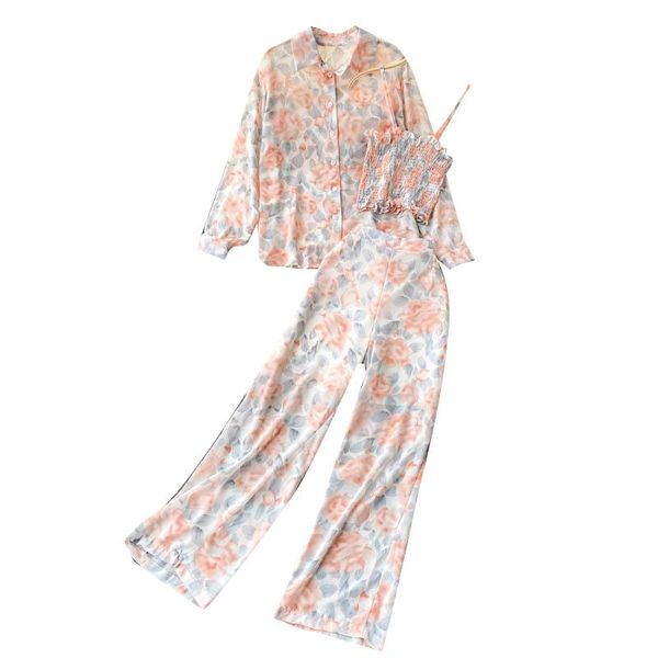 women's two piece pants spring autumn women sets sweet floral camisole + long sleeve shirt wide leg three set, White
women's two piece pants spring autumn women sets sweet floral camisole + long sleeve shirt wide leg three set, White