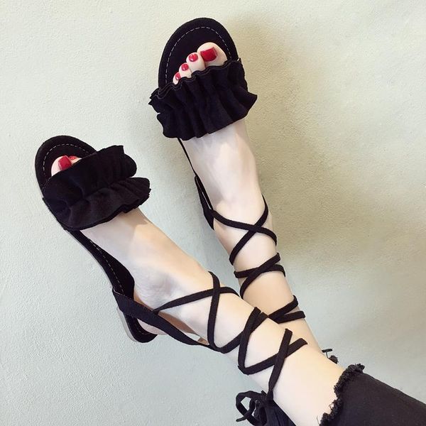 korean version of the summer new sweet ruffled straps sandals fashion shallow mouth flat bottom roman women's sandals., Black
korean version of the summer new sweet ruffled straps sandals fashion shallow mouth flat bottom roman women's sandals., Black