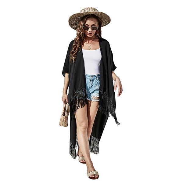women's swimwear storyever dresses woman summer 2021 solid color fringed long kimono swimsuit sunscreen coverall beach cover up, White;black
women's swimwear storyever dresses woman summer 2021 solid color fringed long kimono swimsuit sunscreen coverall beach cover up, White;black