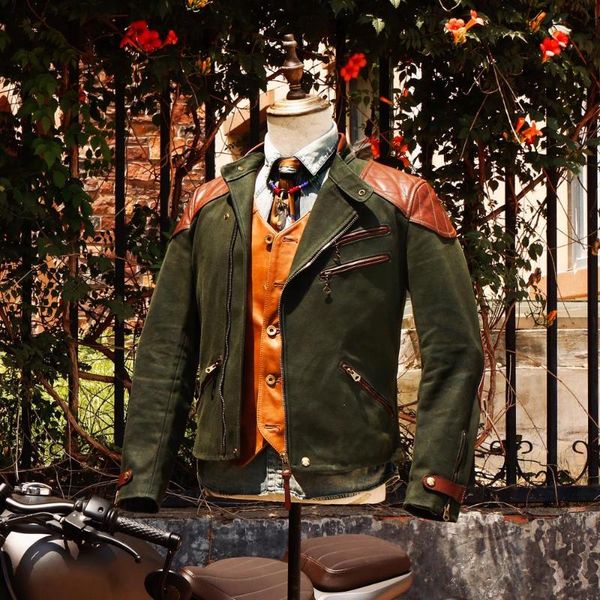 men's leather & faux batik horsehide splicing wax oil canvas collar suspension motorcycle jacket, Black
men's leather & faux batik horsehide splicing wax oil canvas collar suspension motorcycle jacket, Black