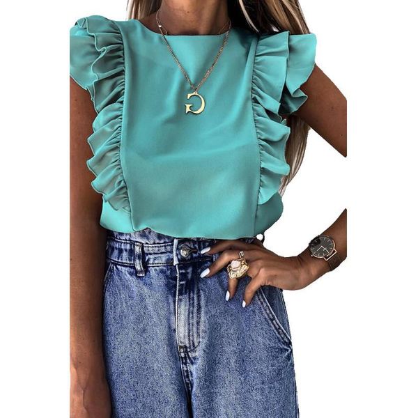 european and american explosions, summer solid color ruffled short-sleeved round neck ladies shirt shirt women, White
european and american explosions, summer solid color ruffled short-sleeved round neck ladies shirt shirt women, White