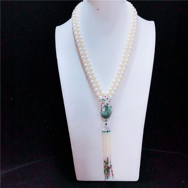 chains hand knotted natural 2 rows 8-9mm white freshwater pearl color peacock micro inlay zircon accessoriese clasp sweater necklace, Silver
chains hand knotted natural 2 rows 8-9mm white freshwater pearl color peacock micro inlay zircon accessoriese clasp sweater necklace, Silver