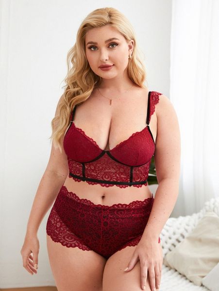 plus contrast binding lace lingerie set z4we#, Black;white