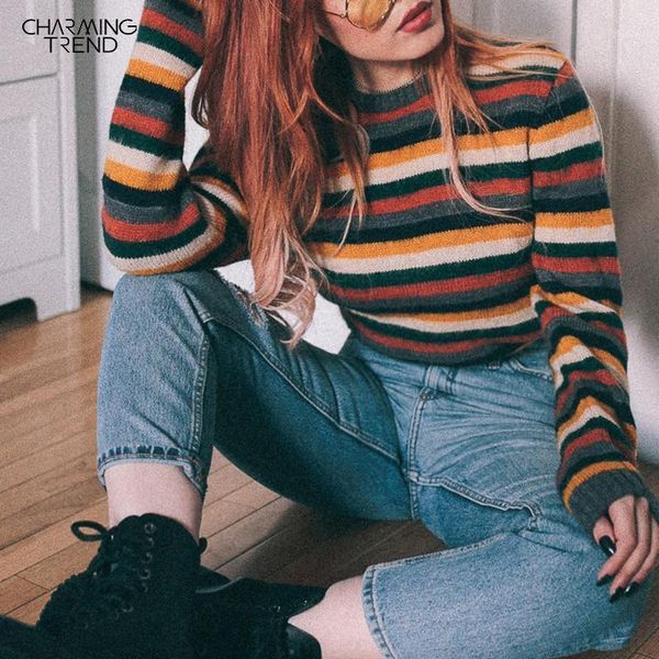 women's sweaters rainbow color pullovers women striped knit sweater hip hop vintage female winter fashion retro daily for autumn 2021, White;black
women's sweaters rainbow color pullovers women striped knit sweater hip hop vintage female winter fashion retro daily for autumn 2021, White;black