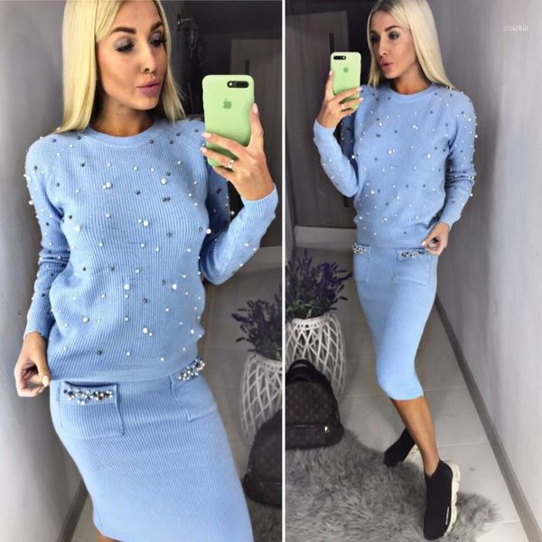 women two piece warm set o-neck pearl beading knitted pullover pencil skirt elegant 2 suits1, Gray
women two piece warm set o-neck pearl beading knitted pullover pencil skirt elegant 2 suits1, Gray