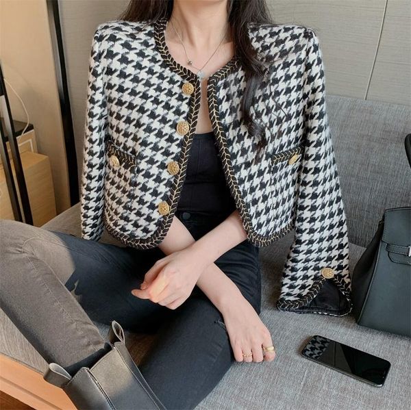 women's jackets 2021 retro french ladies high-quality coat female small fragrance short jacket temperament houndstooth women, Black;brown
women's jackets 2021 retro french ladies high-quality coat female small fragrance short jacket temperament houndstooth women, Black;brown