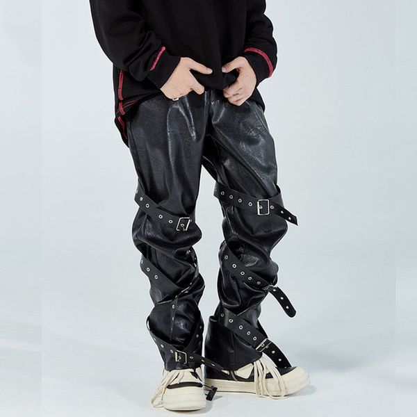 men's pants bandage leather men streetwear hip hop loose casual straight pu wide leg male motorcycle pant women trouser m48q, Black
men's pants bandage leather men streetwear hip hop loose casual straight pu wide leg male motorcycle pant women trouser m48q, Black