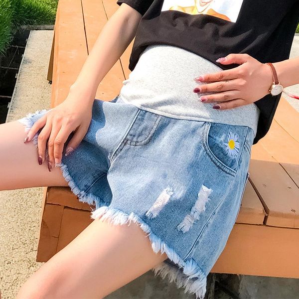 maternity bottoms summer denim shorts pregnant women's  elastic waist casual daisy design pants pregnancy abdominal plus size clothes, White
maternity bottoms summer denim shorts pregnant women's  elastic waist casual daisy design pants pregnancy abdominal plus size clothes, White