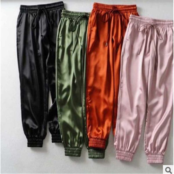 women multicolor satin vintage pencil pants high waist drawstring elastic waist all match casual pants 2021 spring women, Black;white 
women multicolor satin vintage pencil pants high waist drawstring elastic waist all match casual pants 2021 spring women, Black;white