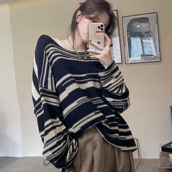 women's sweaters oversize punk striped sweater women long sleeve loose patchwork hip hop retro pullover casual knitted jumpers, White;black
women's sweaters oversize punk striped sweater women long sleeve loose patchwork hip hop retro pullover casual knitted jumpers, White;black