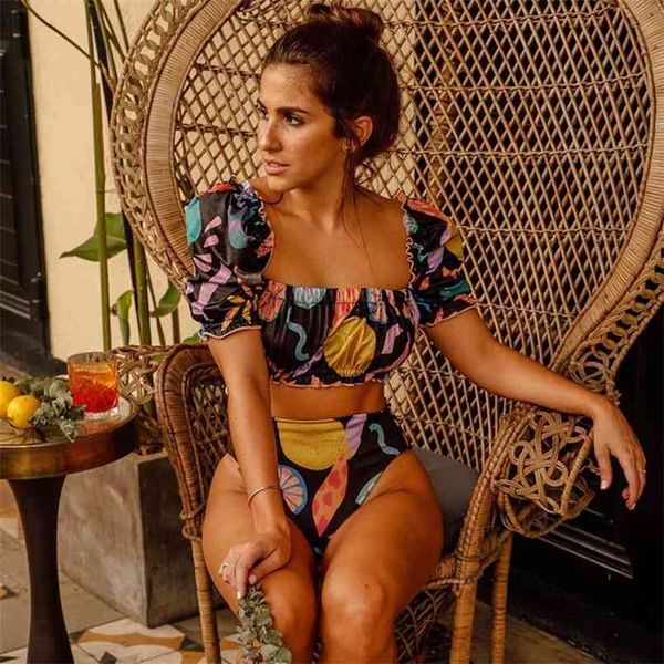 women puff sleeve bikini set bandeau swimwear printed swimsuit high waist bathing suit beachwear biquini female 210722, White;black
women puff sleeve bikini set bandeau swimwear printed swimsuit high waist bathing suit beachwear biquini female 210722, White;black
